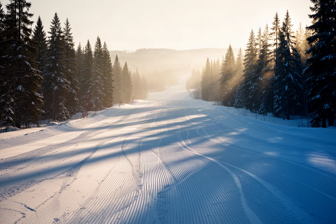Pista de esquí preparada al amanecer con nieve acordonada y largas sombras de árboles perennes