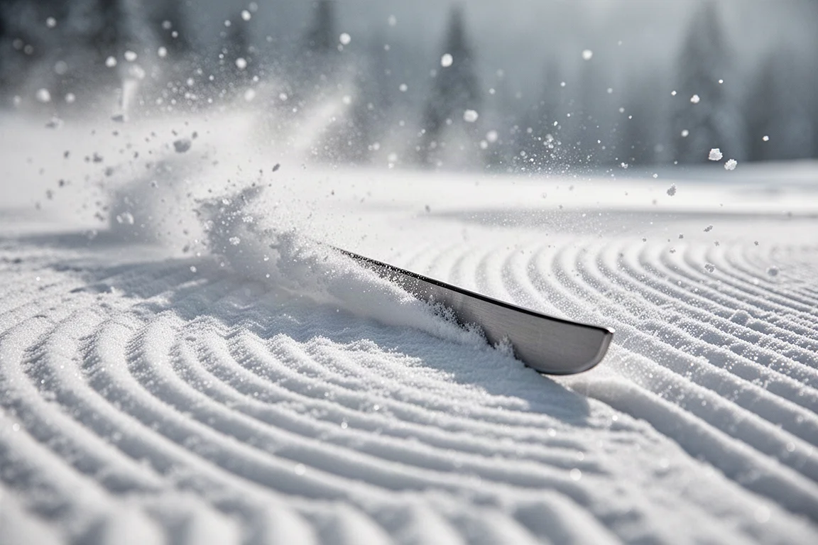 Primer plano de un canto de esquí trazando un arco limpio en nieve acordonada preparada