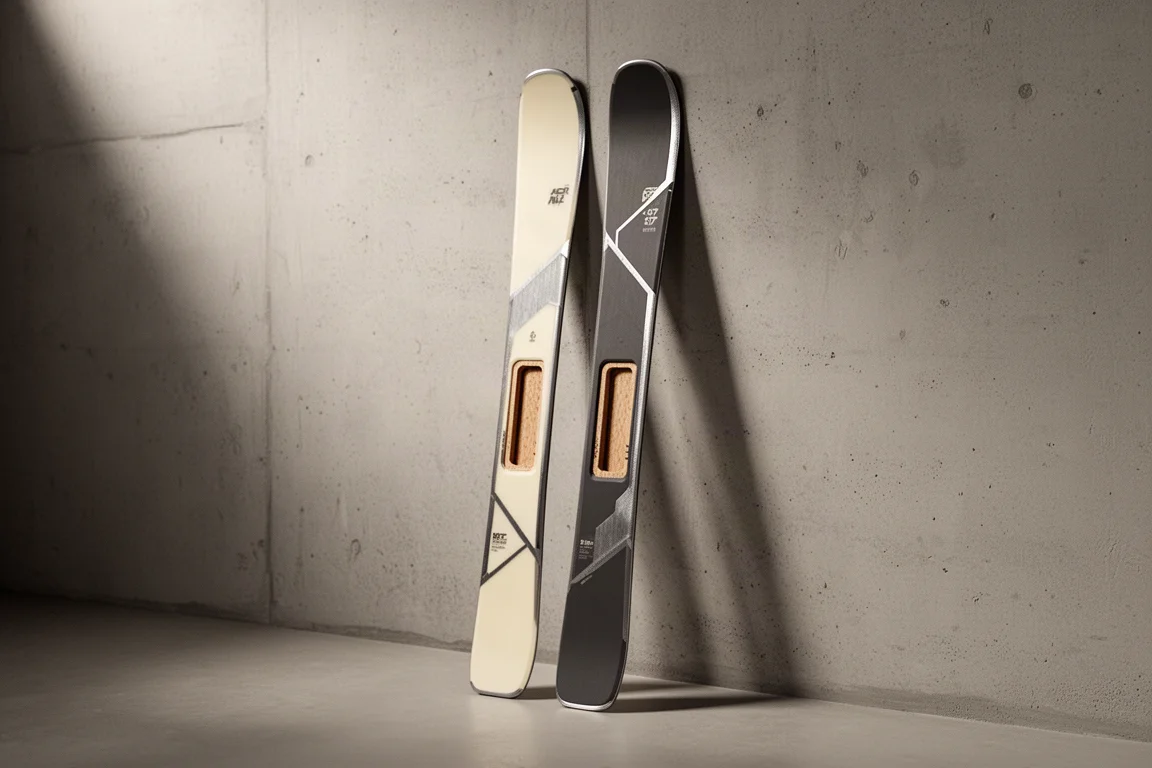 Pair of all-mountain skis with cream and charcoal top sheets leaning against a concrete wall