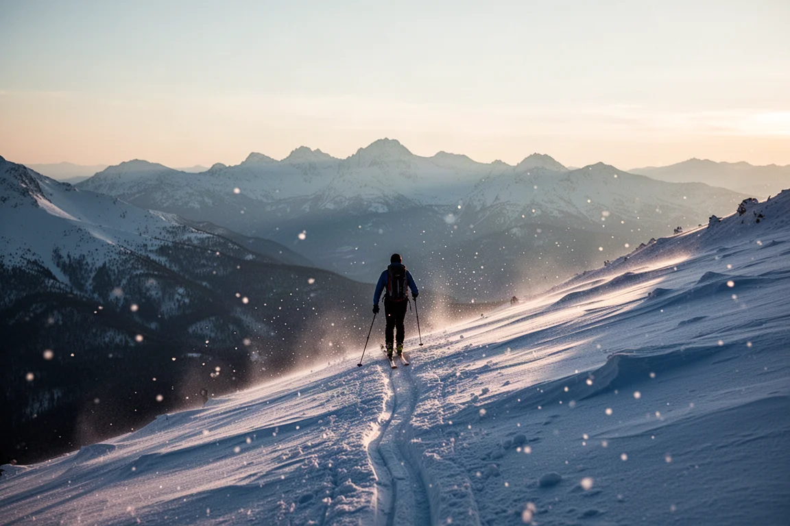 Backcountry skier ascending a skin track along a snowy ridge at first light