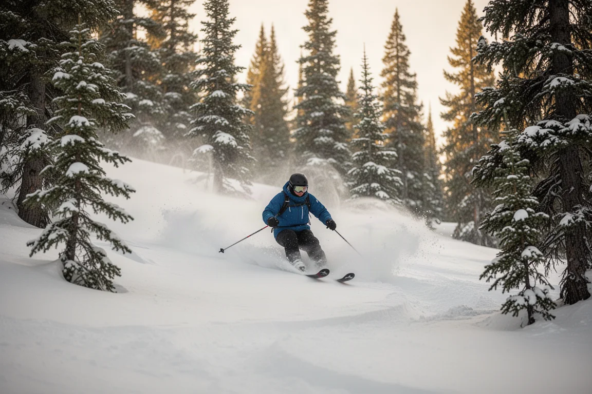 Skier making round turns through untracked powder on a lightly treed slope