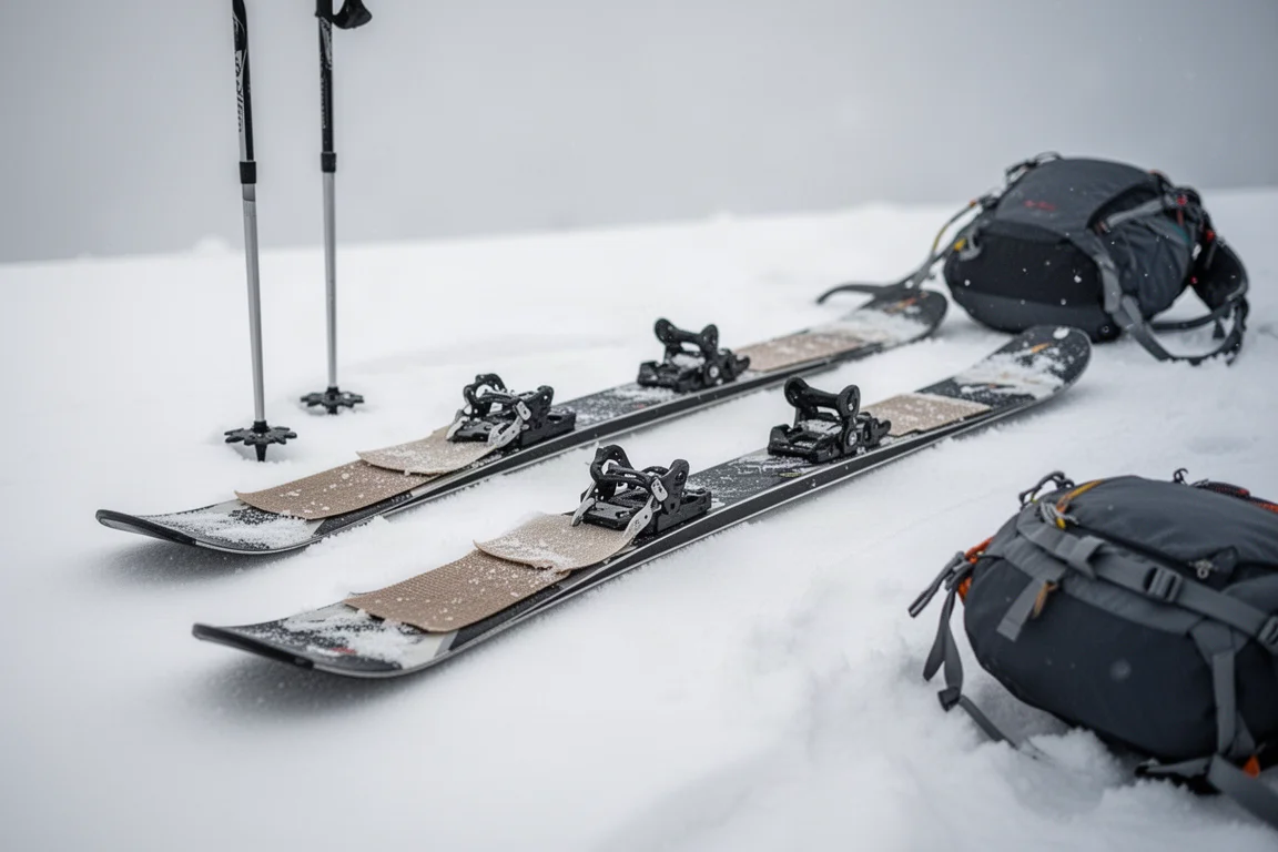 Touring skis with climbing skins attached lying on wind-packed snow
