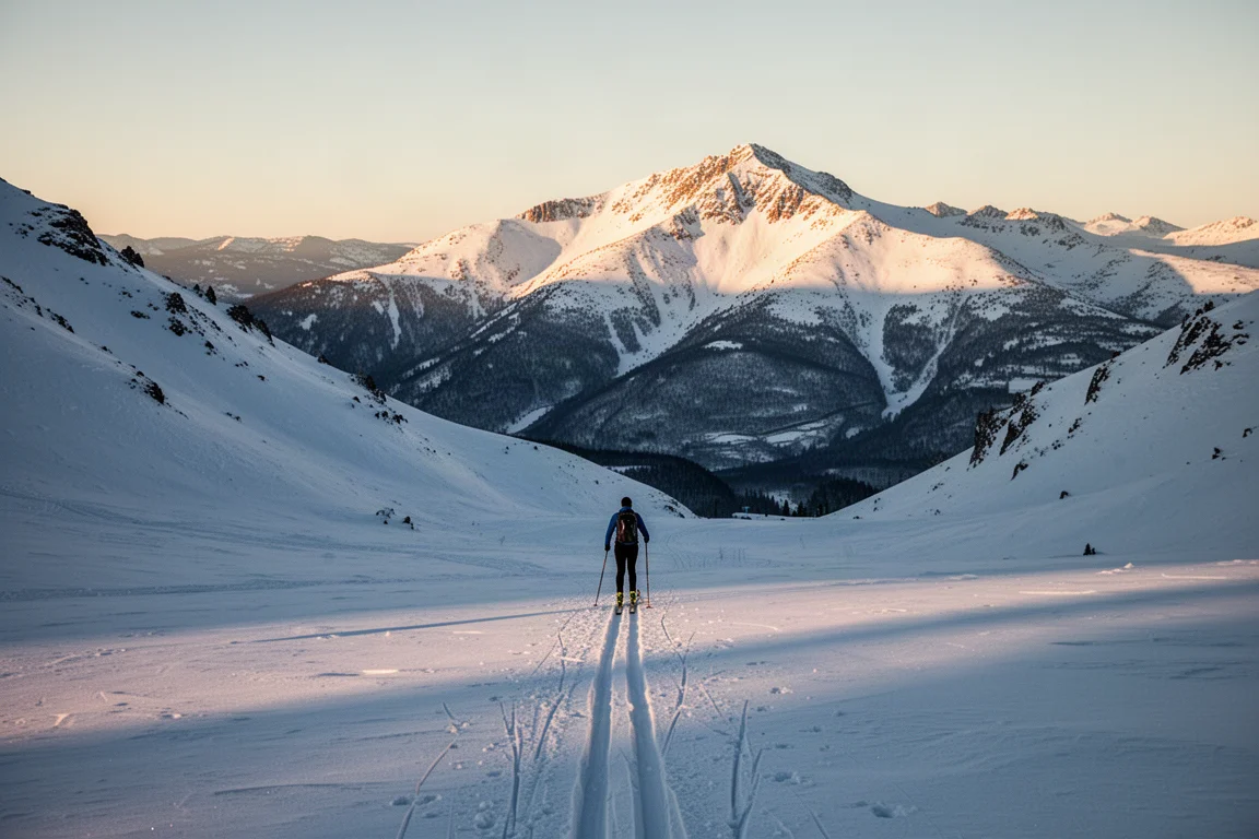 Skier ascending a long skin track toward a sunlit alpine summit ridge