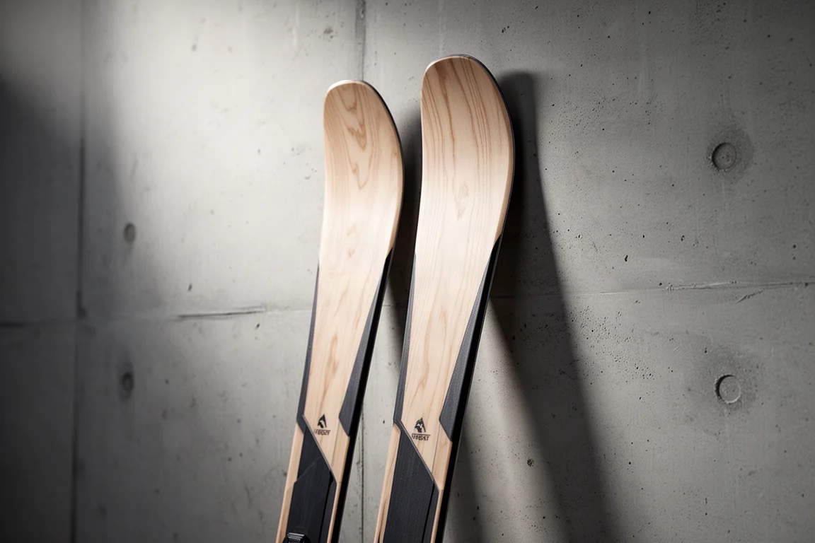 Coppia di sci da backcountry larghi con top sheet effetto legno incrociati contro una parete di cemento