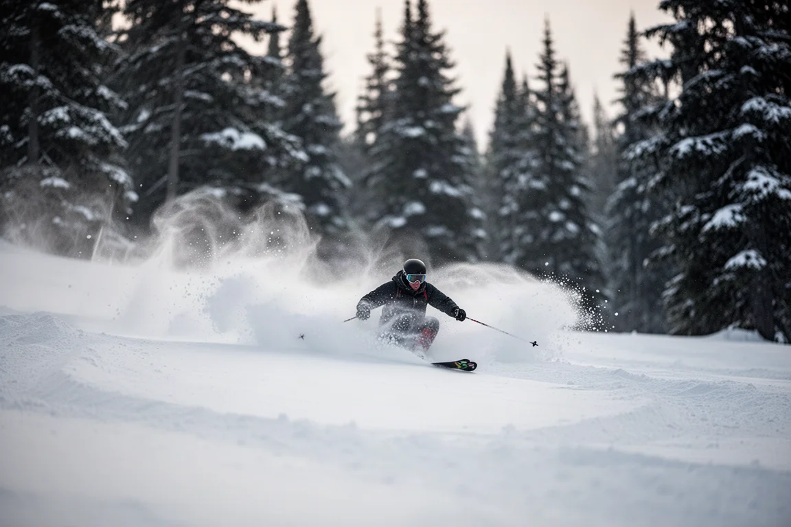 Skifahrer gleitet im Morgengrauen durch tiefen Pulverschnee in einer abgefahrenen Lichtung