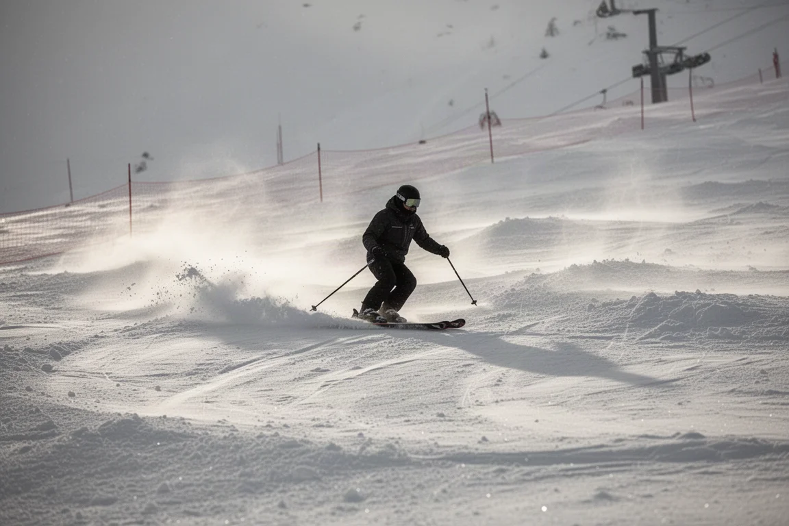 Drei Freeride-Skier unterschiedlicher Länge lehnen an einer verwitterten Holzwand