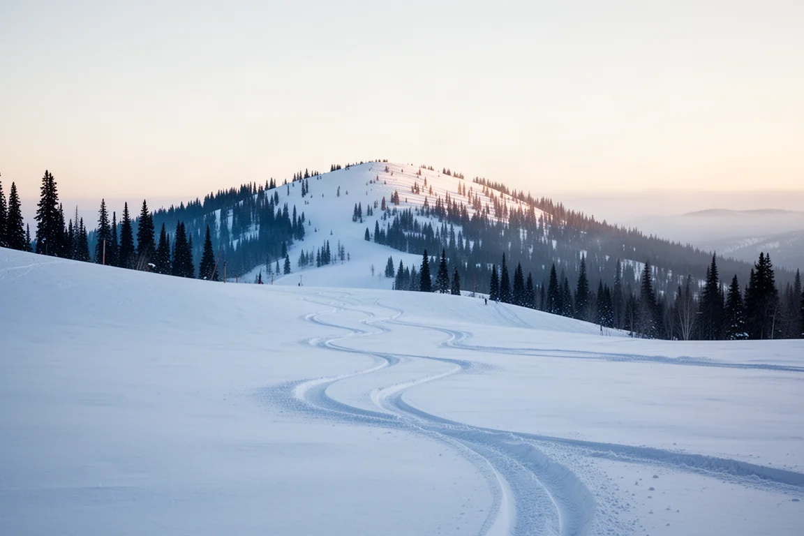 Paar Freeride-Skier steht am Trailhead mit den Spitzen nach hinten im Schnee, dahinter Berge