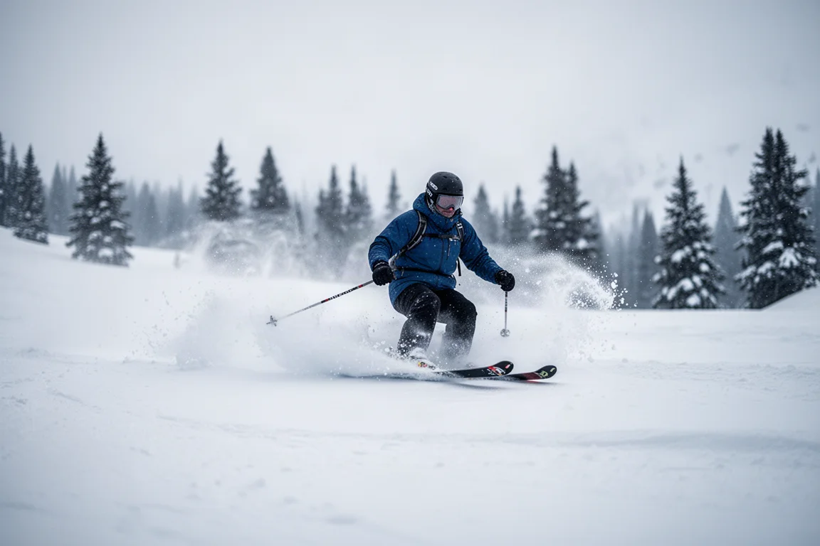 Skier floating through deep powder snow in a gladed run with soft morning light
