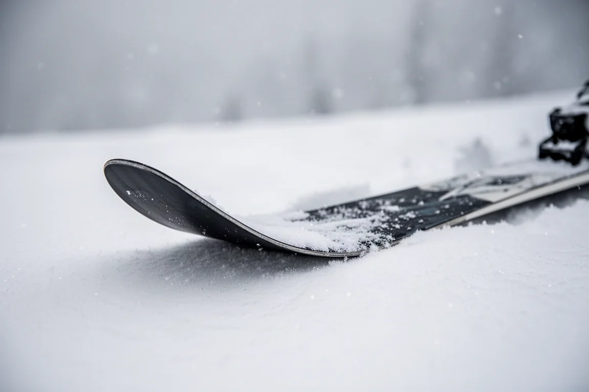 Close-up detail of a ski sidewall showing layered wood core and metal struts