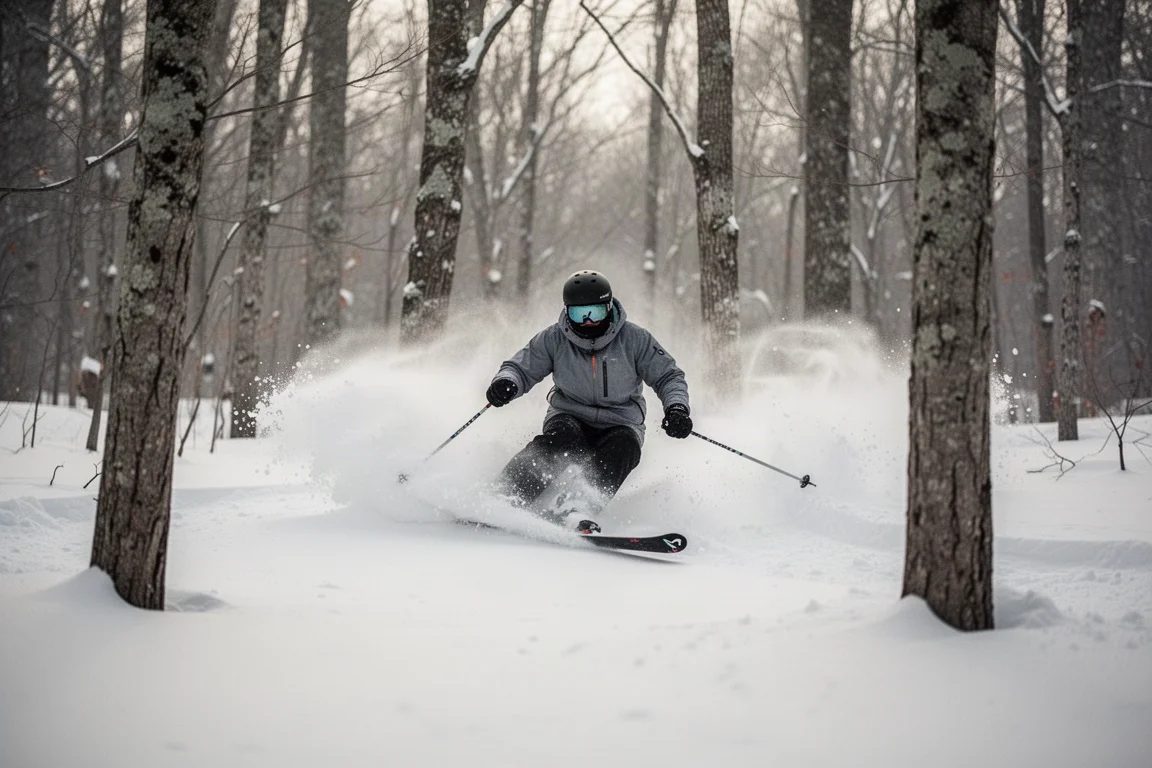 Freeride skier surfing through deep snow with spray rising behind the tails