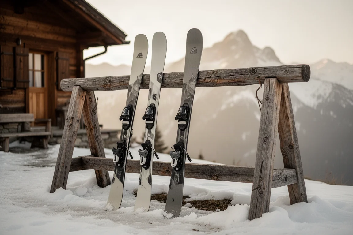 Overhead flat-lay of freeride ski gear on a concrete surface