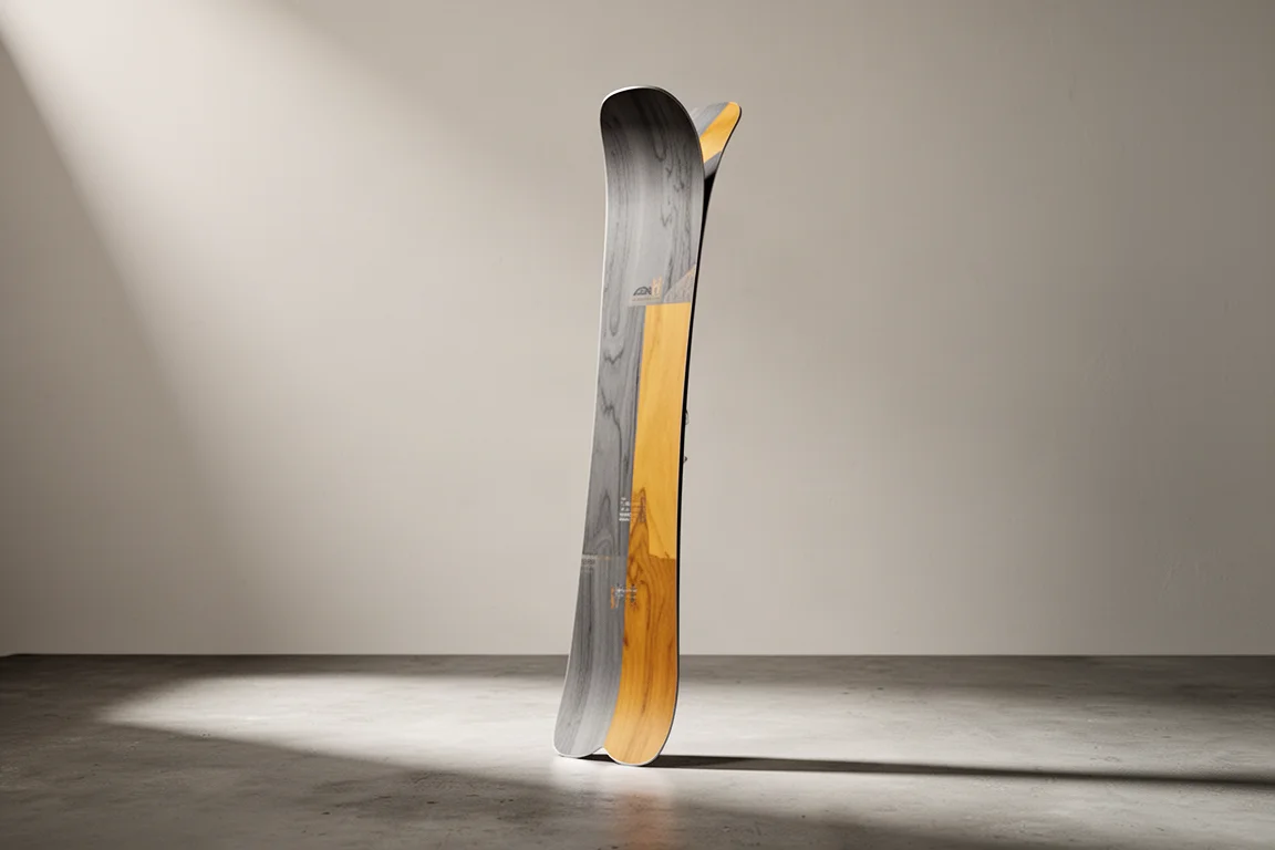 Pair of wide bamboo-toned freeride skis leaning against a concrete wall
