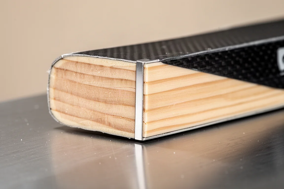 Close-up of a ski tip resting on packed snow showing long rocker