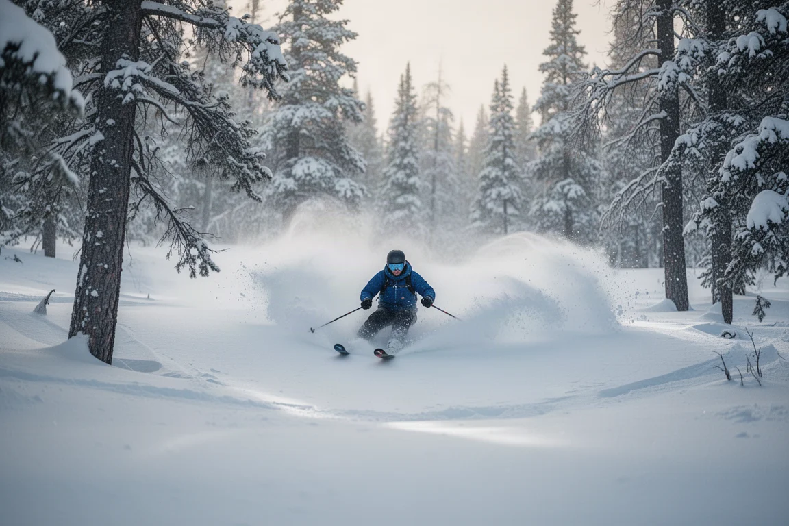 Skier working a long turn on a firm groomed slope