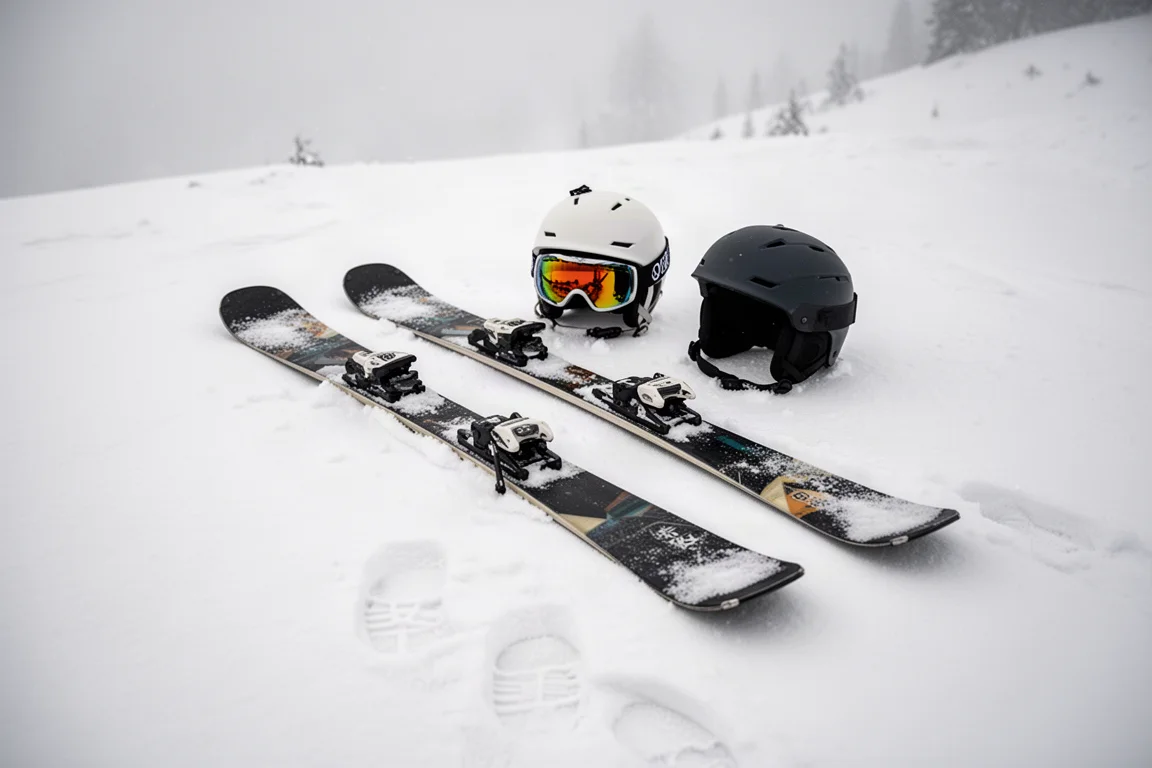 Skis leaning against a lodge rack at dusk with a lift in the background