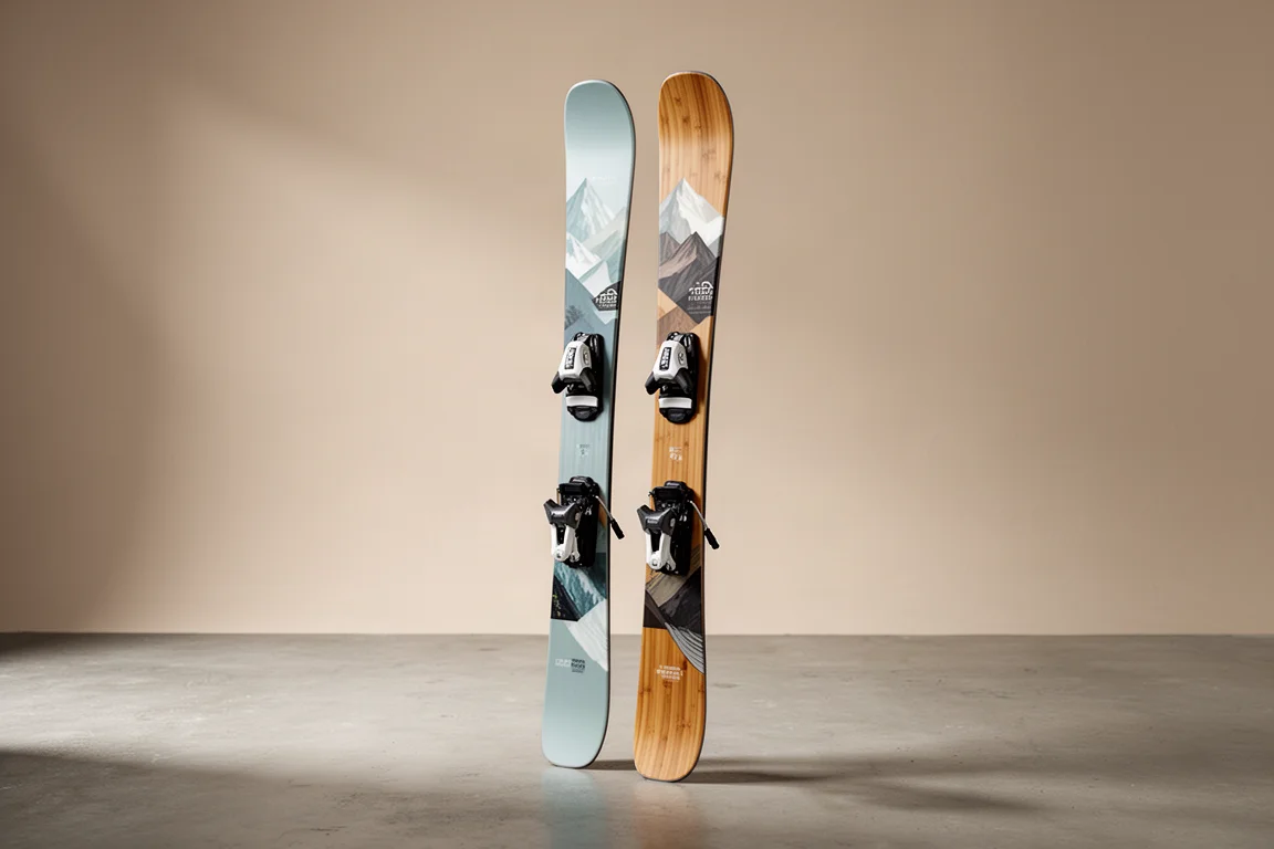 Pair of orange all-mountain skis with rockered tips leaning against a concrete wall