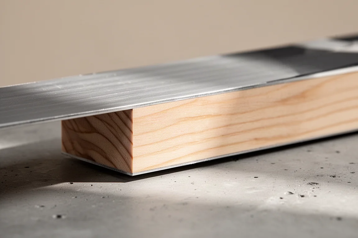 Primer plano del núcleo de madera de un esquí y la capa de metal laminado bajo la cubierta superior
