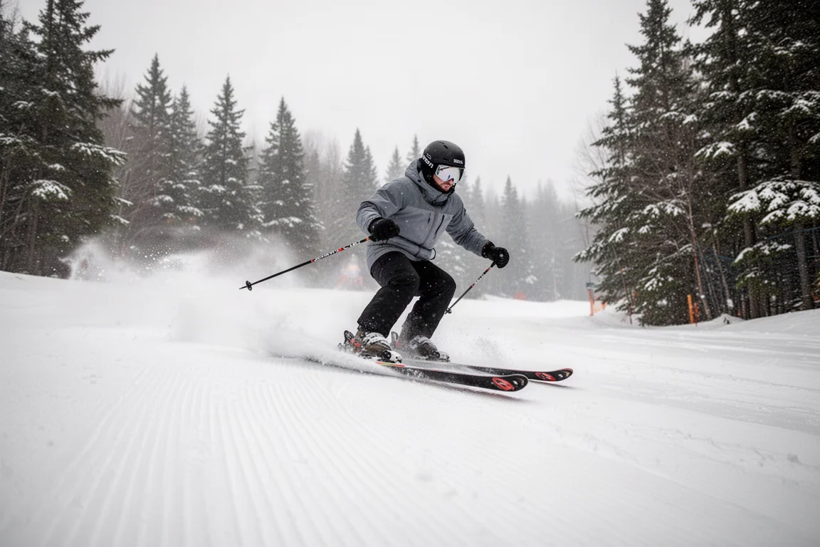 Esquiador fazendo carving em neve corduroy pistada em uma estação estilo Vermont, com luz suave