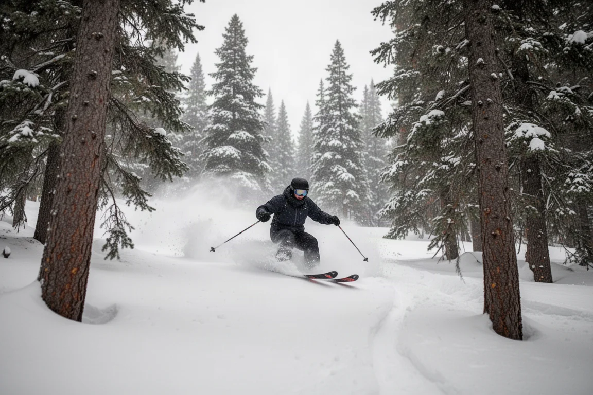 Skifahrer zieht spielerische Schwünge durch weichen Pulverschnee in einem bewaldeten Hang