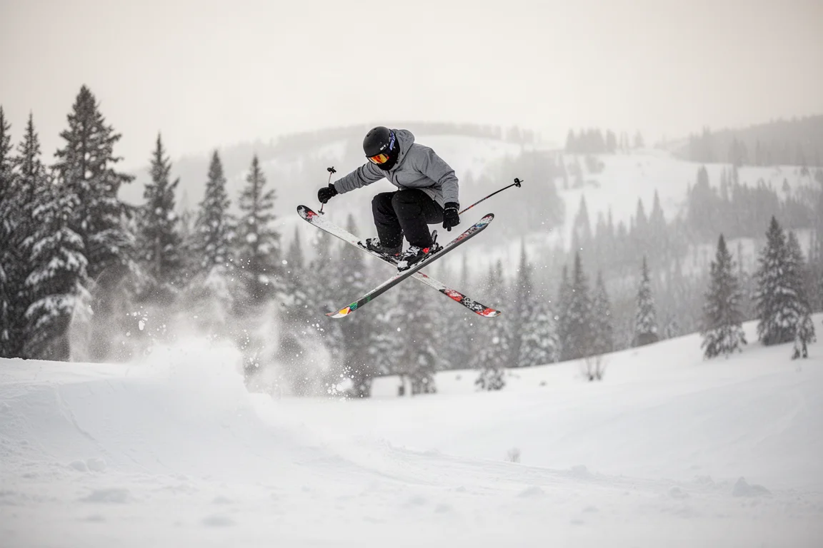 Skifahrer in der Luft bei einem kleinen Sprung über eine Böschung im weichen Schnee
