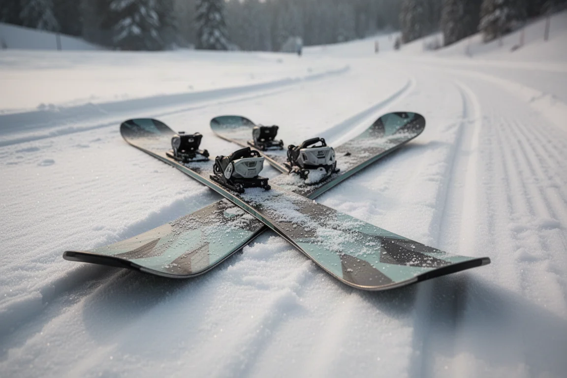 Breiter Freeride-Ski liegt auf frischem, weichem Schnee neben einer Piste