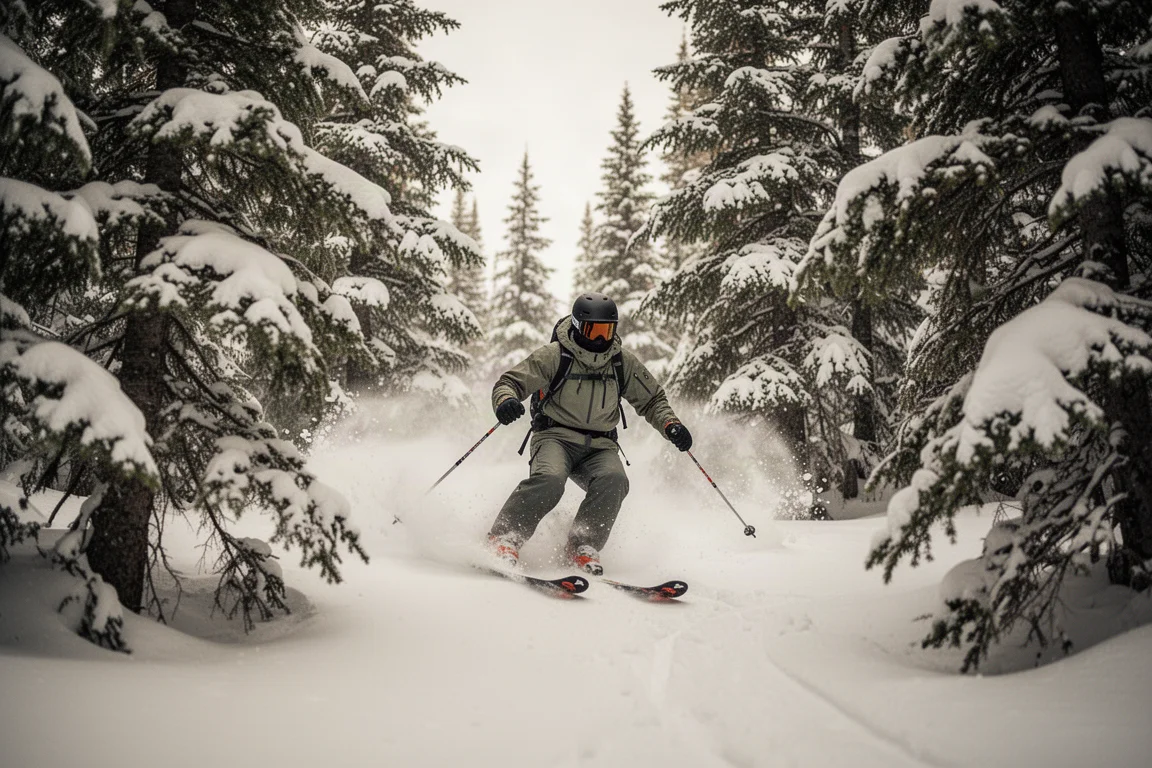Skier weaving through a tight glade of snow-covered evergreen trees