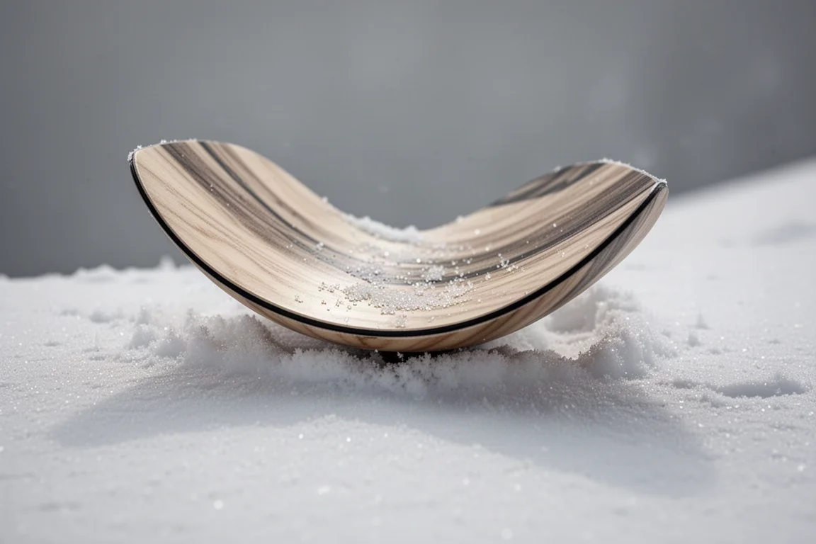 Close-up of a freeride ski tail flexed into soft snow showing rocker profile