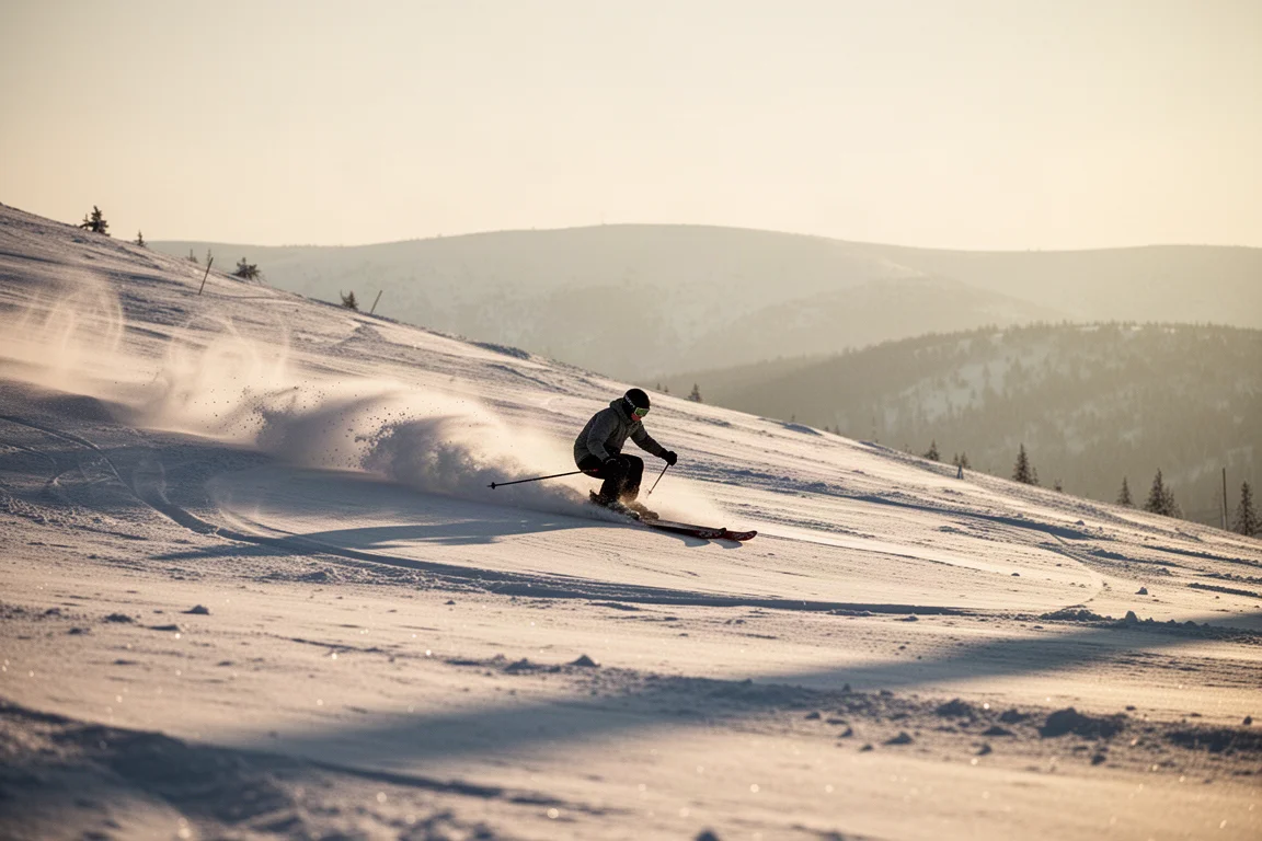 Skier making smooth round turns through soft snow on an open mountainside