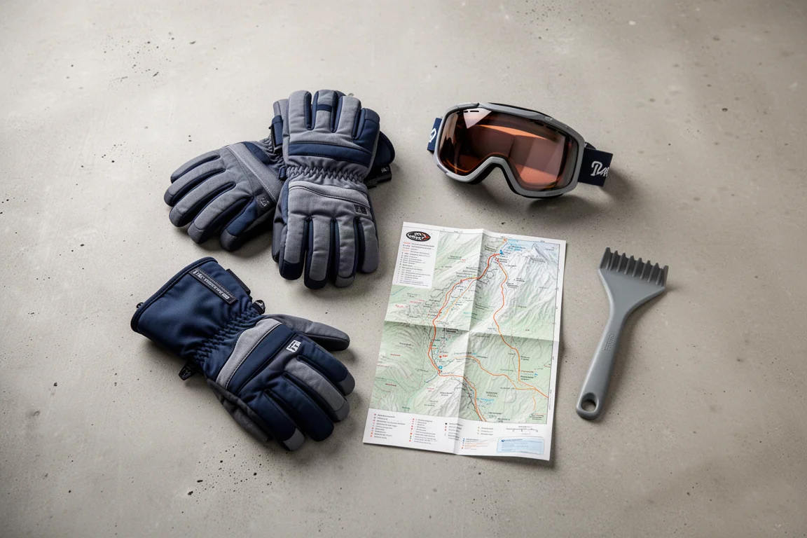 Overhead flat-lay of ski gloves, goggles, and a trail map on concrete