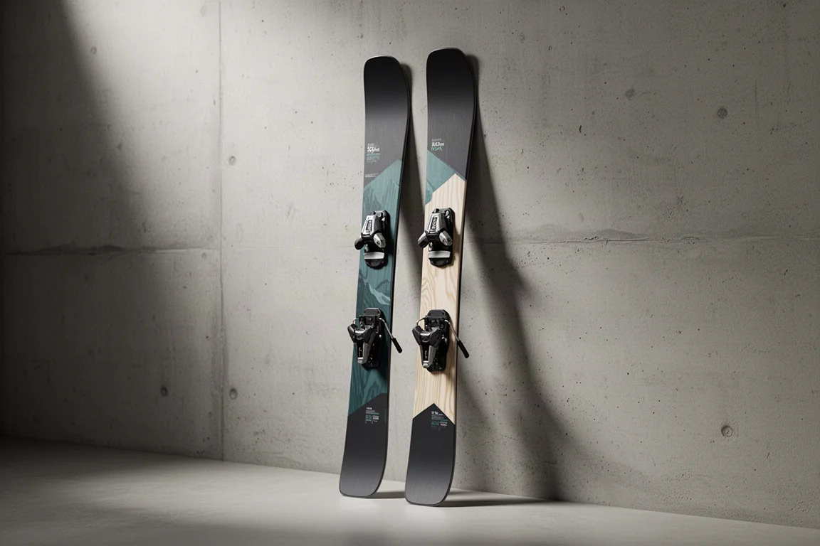 Liberty Scope 104 freeride twin tip ski standing upright against a concrete wall