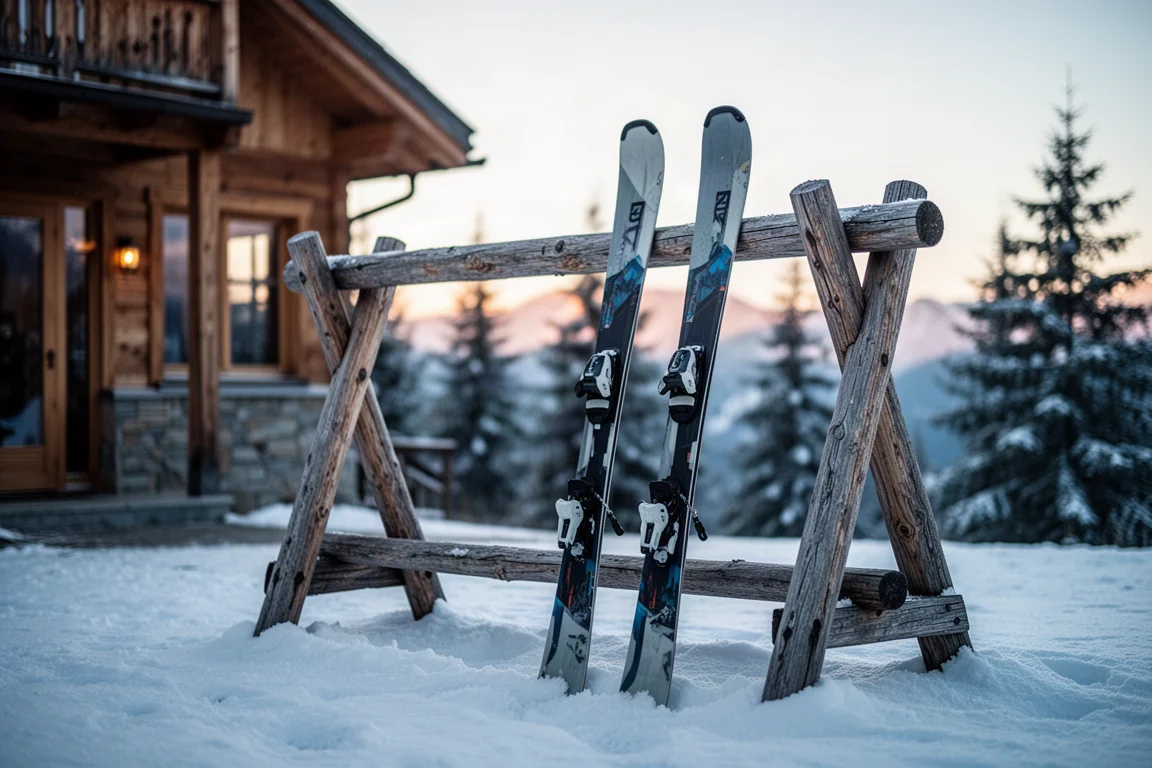 Para nart freerideowych oparta o drewniany stojak przed górskim schroniskiem w porannym świetle