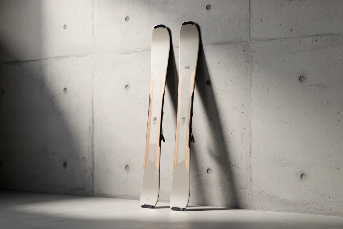 Freeride twin-tip skis with wood-tone accents standing against a concrete wall