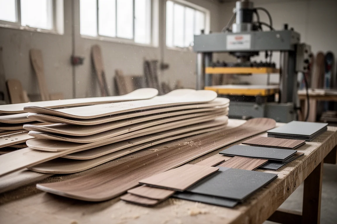 Banco de trabajo de una fábrica de esquís con núcleos de madera apilados y placas compuestas