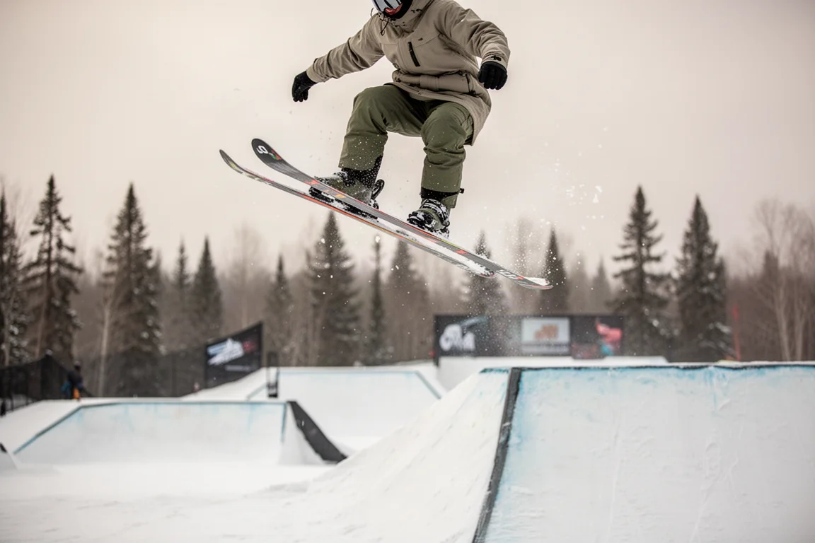 Esquiador de freestyle en el aire sobre un salto de snowpark con esquís twin tip