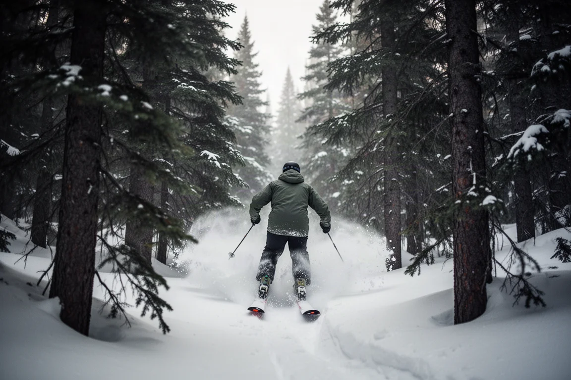 Sciatore visto da dietro che scende tra una linea di alberi con neve fresca