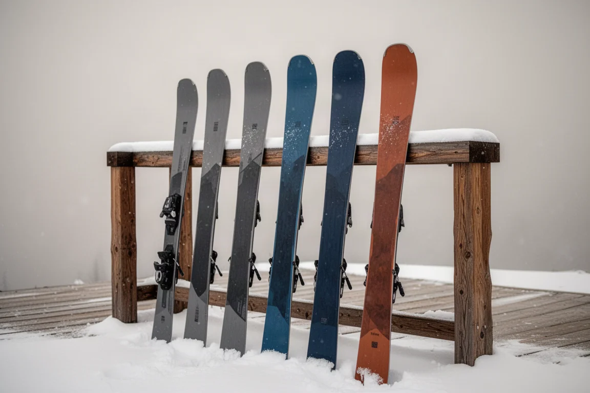 Fila di sci twin tip all-mountain appoggiati su una rastrelliera esterna cosparse di neve