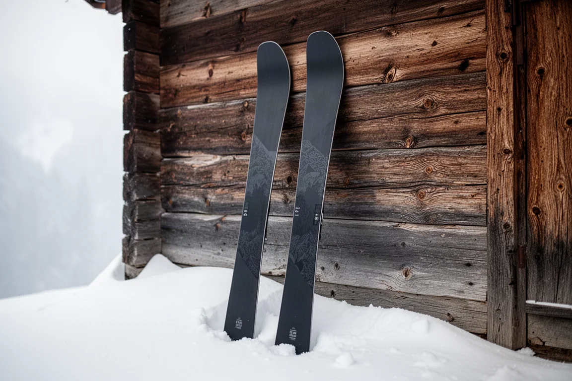 Two all-mountain twin tip skis leaning against a timber lodge wall beside a snowbank