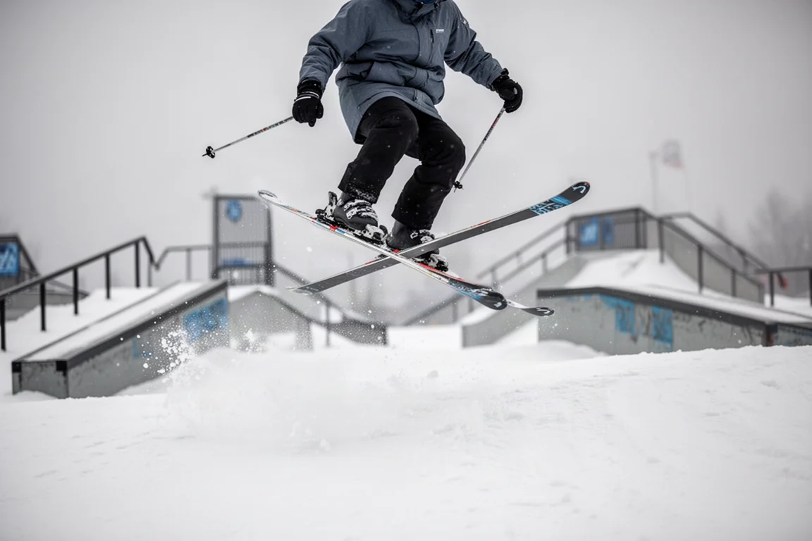 Narciarz ląduje ridingiem switch po małym skoczni w snowparku