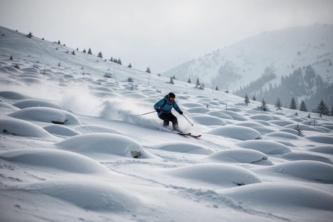Sciatore che scende tra un campo di gobbe su un pendio di montagna