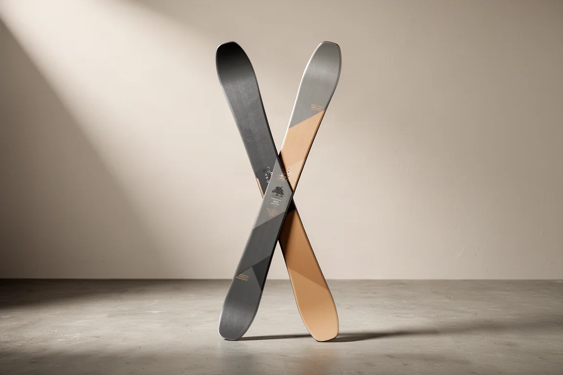 Pair of all-mountain freeride twin-tip skis standing on a matte concrete surface