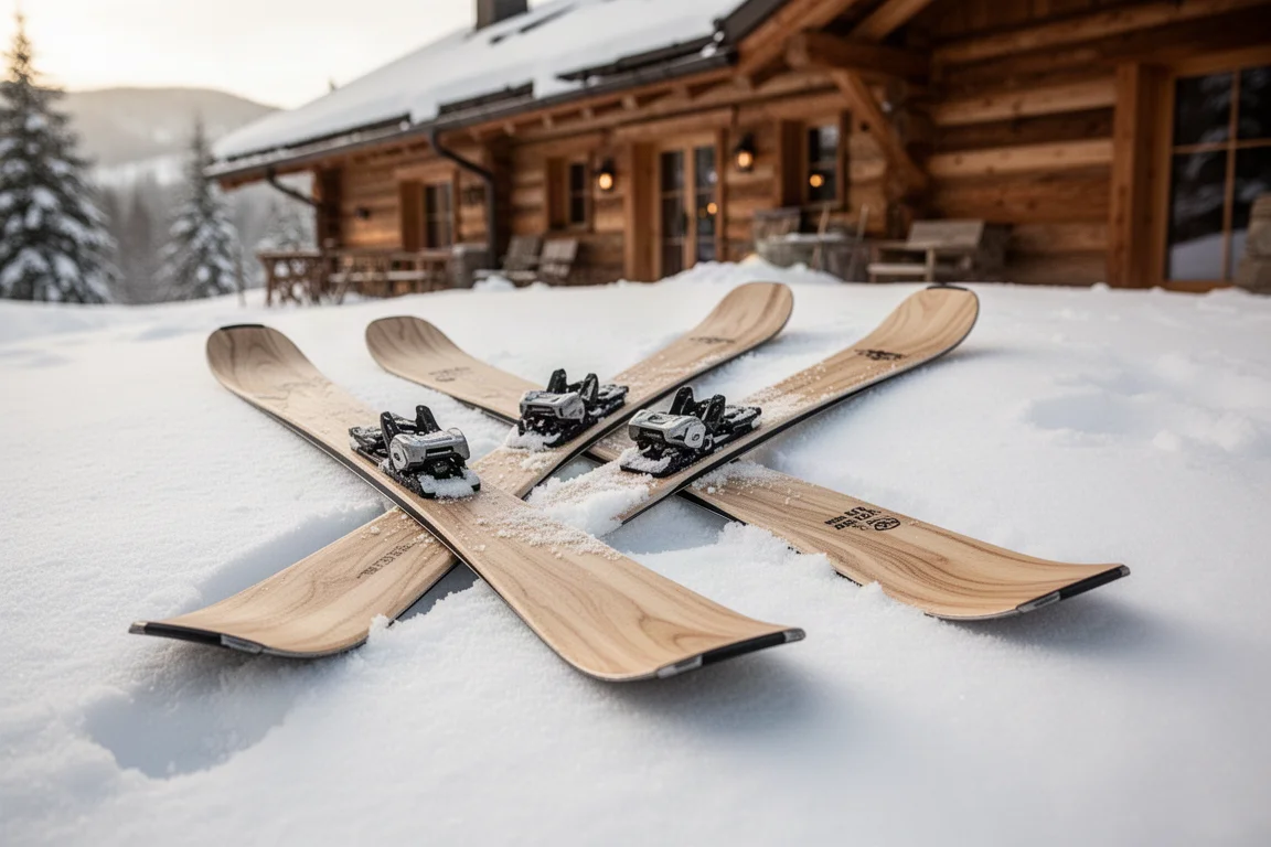 Dwie narty all-mountain ułożone obok siebie na śniegu przed drewnianym schroniskiem