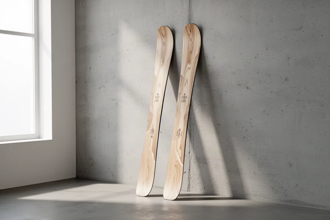 Para nart all-mountain twin tip opartych o betonową ścianę w miękkim świetle