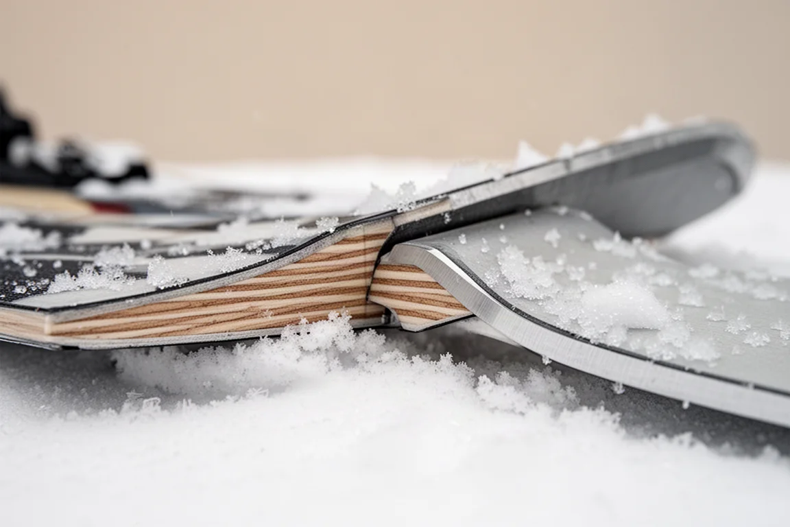 Close-up da borda de um esqui e detalhe da lateral na neve