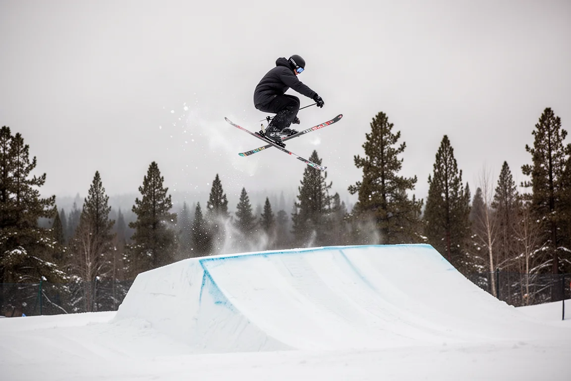 Freestyle skier mid-air above a terrain park jump with soft snow spray
