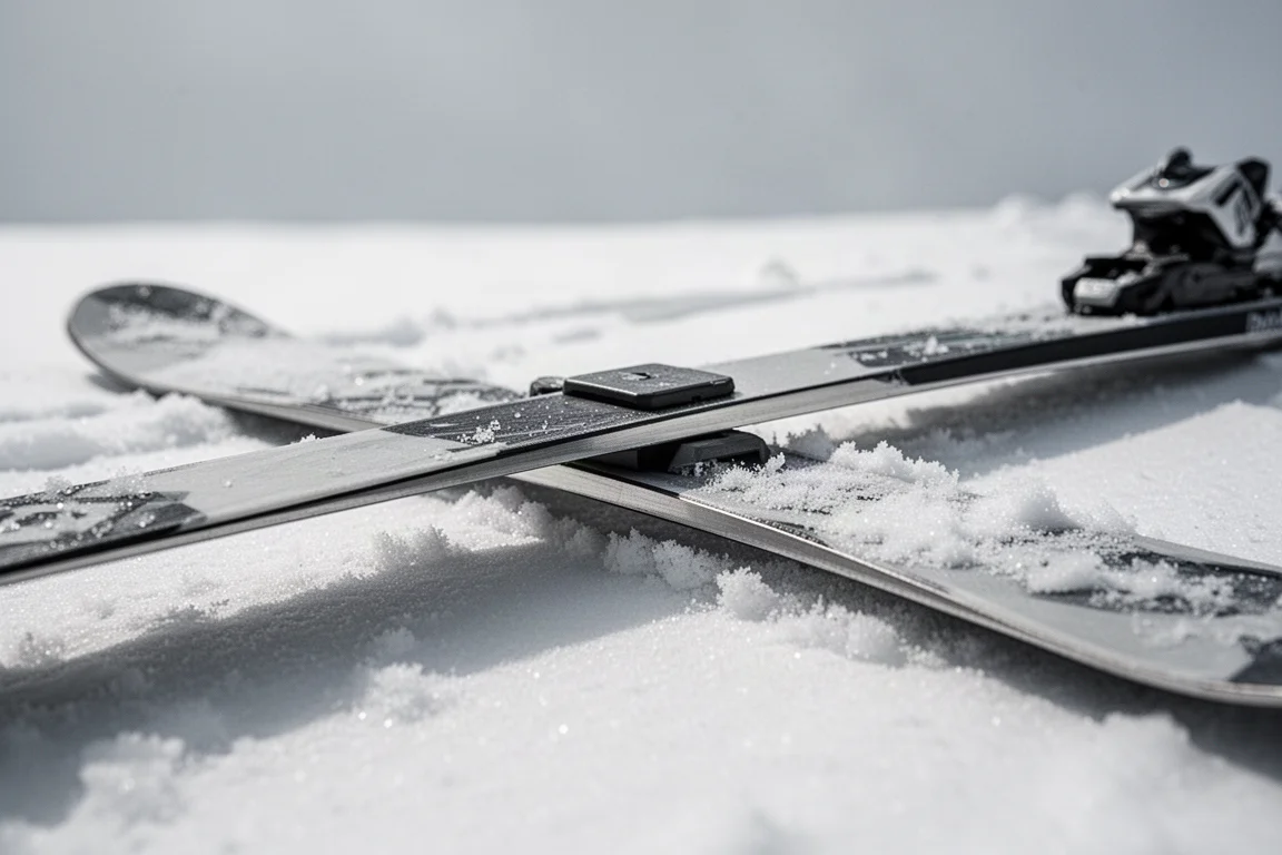 Close-up of a ski midsection showing camber underfoot on packed snow