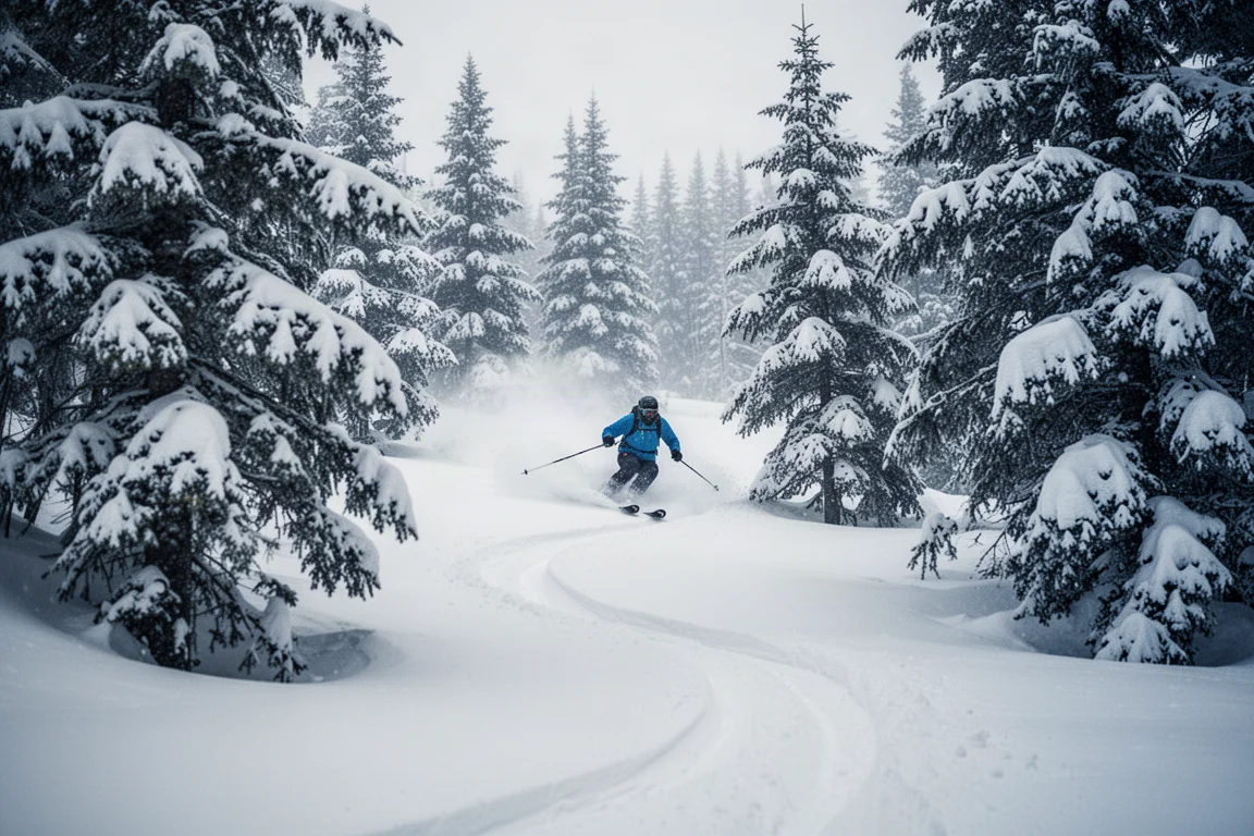 Skier weaving between snow-covered trees in soft powder snow