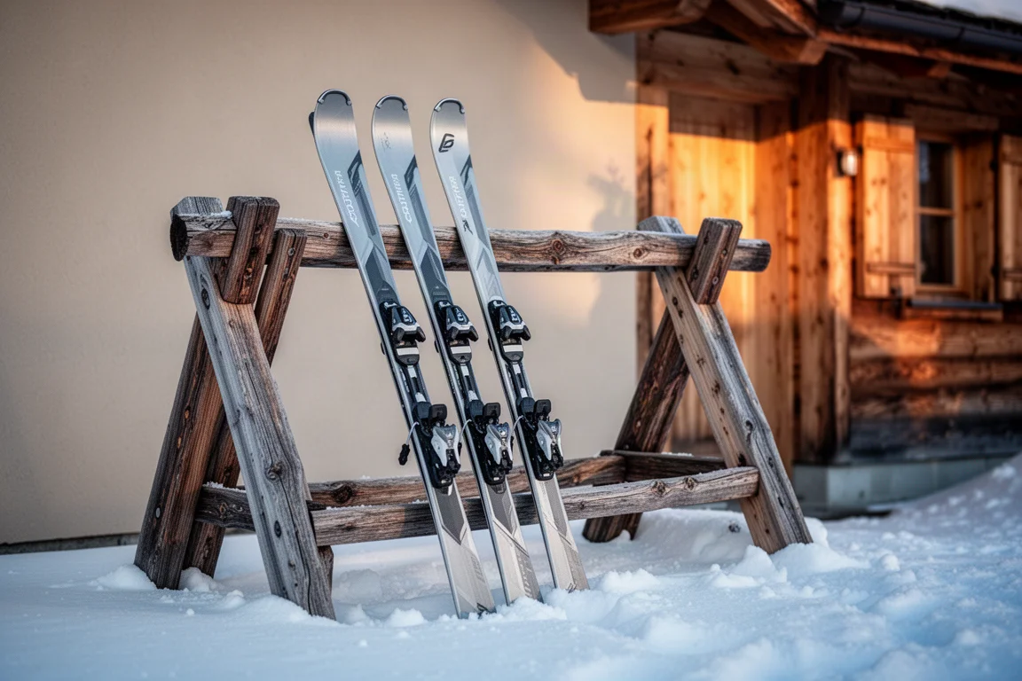 Pair of skis leaning against a wooden rack outside a mountain lodge