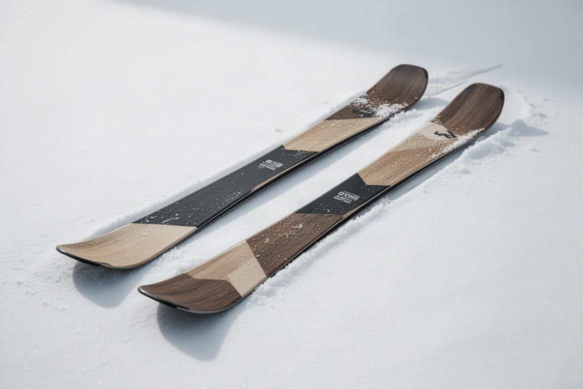 Pair of freestyle all-mountain skis laid side by side on packed snow