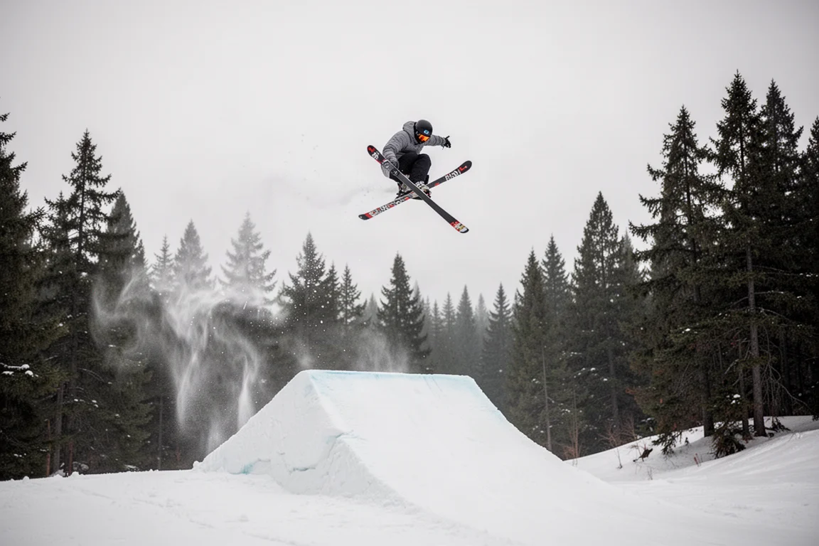 Freestyle skier mid-air above a natural snow jump beside a pine glade