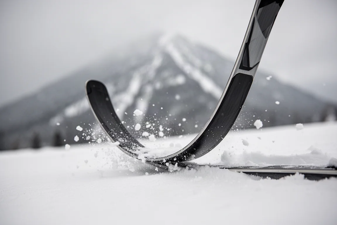 Flexible twin tip ski tail bending into fresh snow in close-up